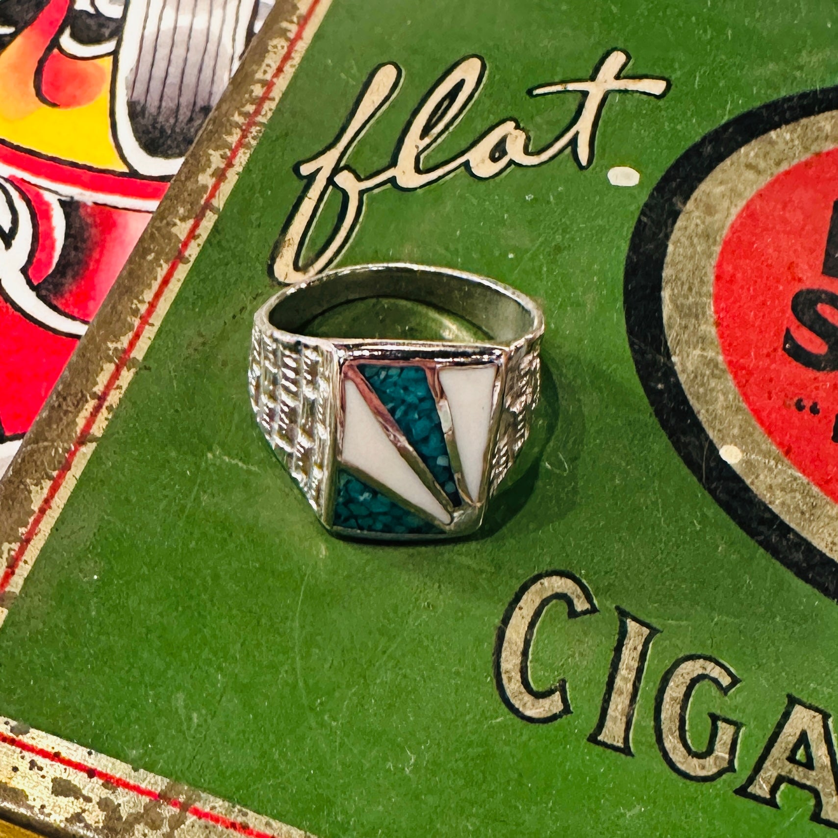 G&S Vintage Biker Ring Turquoise + White Stone