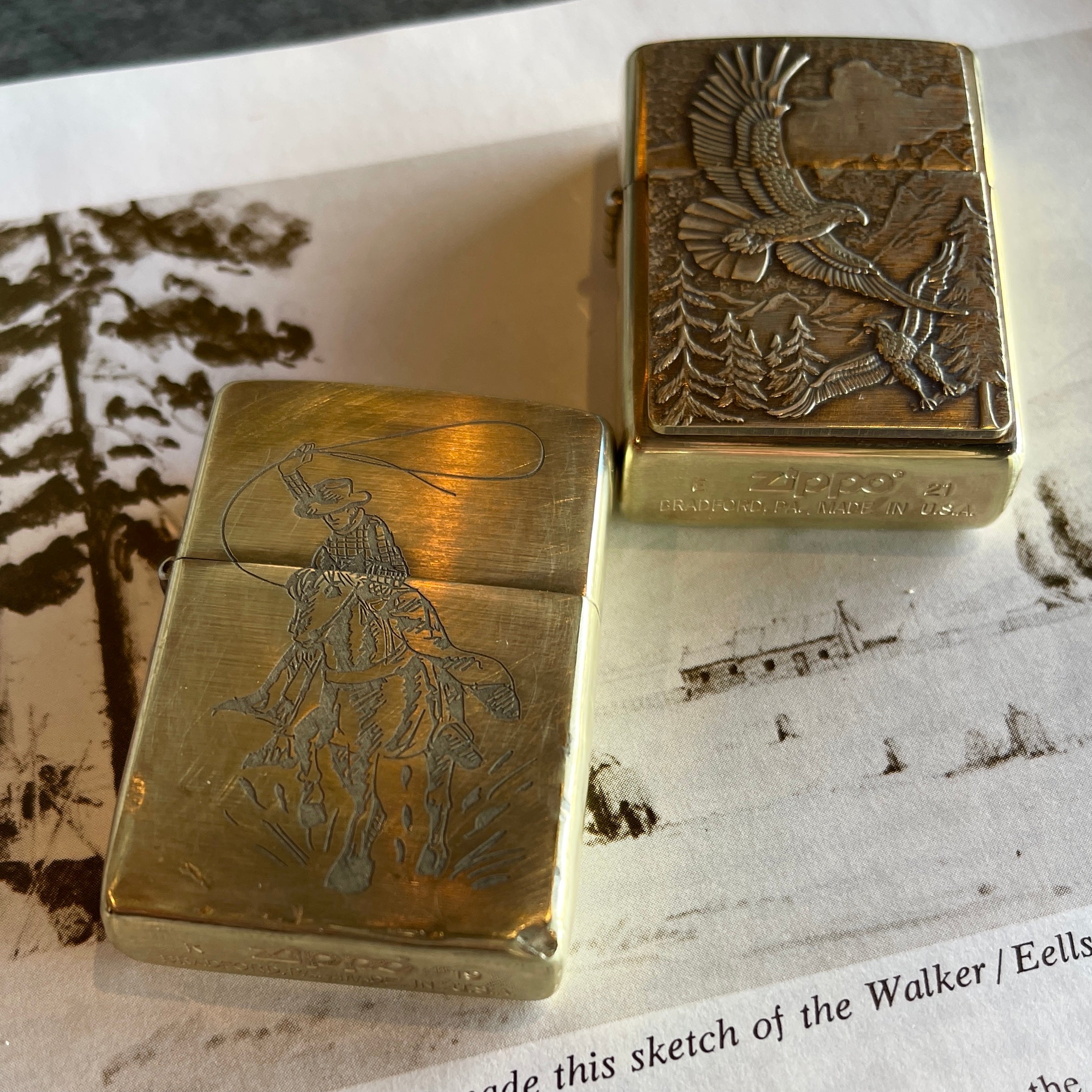 Brass Cowboy and Eagle Zippo