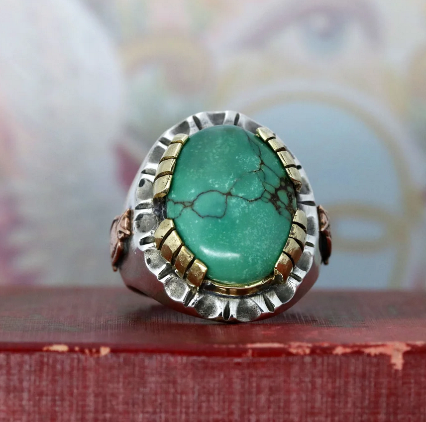Oval Turquoise Mexican Biker Ring
